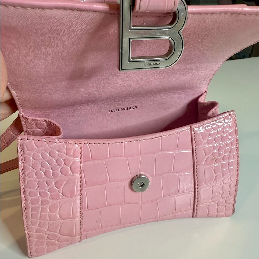 Balenciaga XS Hourglass Top Handle Bag Candy Pink Croc-Embossed Handbag - Picture 2 of 9
